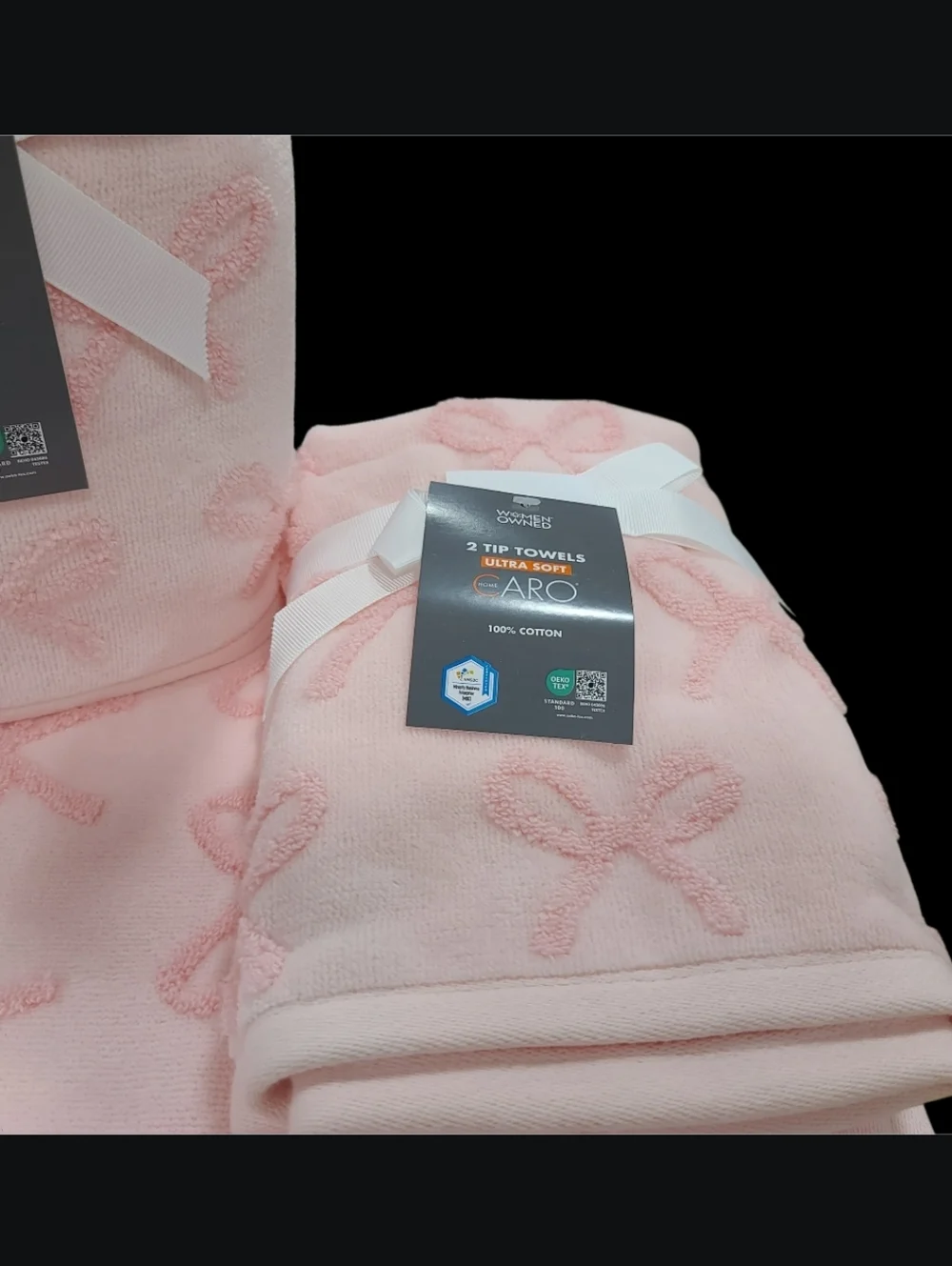 Caro Home 6pc Pink On Pink Coquette Bows Cotton Towel Set 2 Bath 2 Hand 2Tip NEW